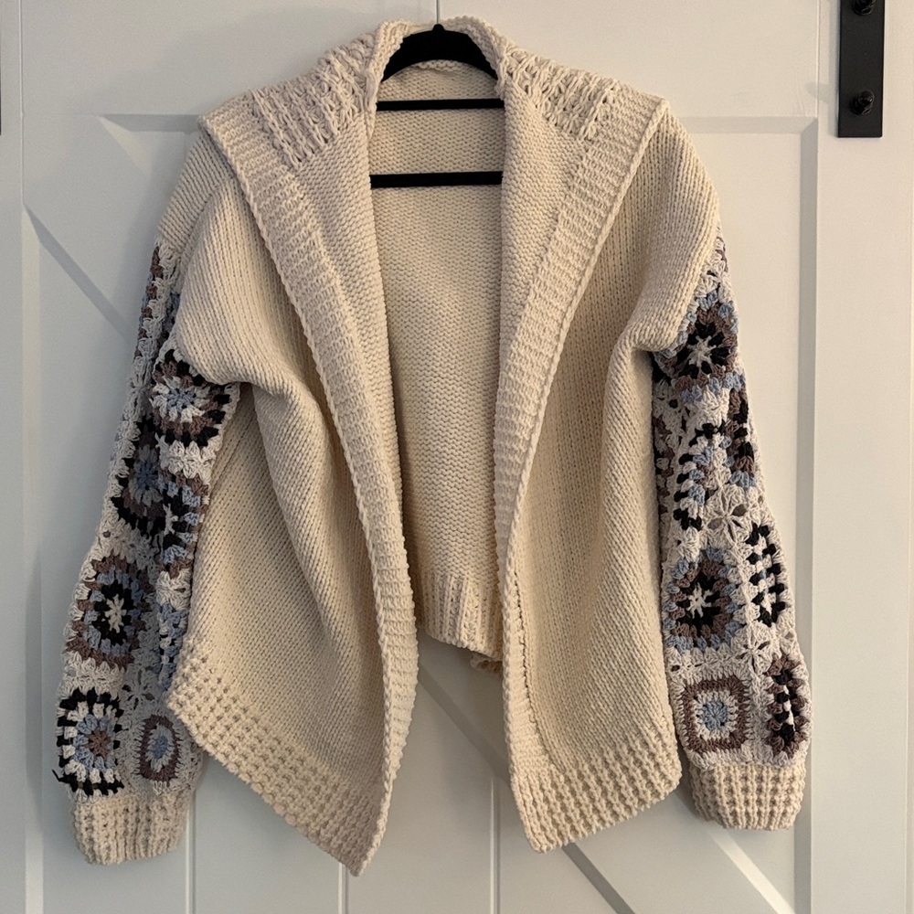 POL Cream Knit Granny Square Cardigan Hoodie